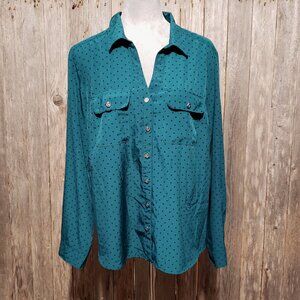Adrienne Vittadini XL Blouse Top Women's Teal Green Dot Button Front Long Sleeve